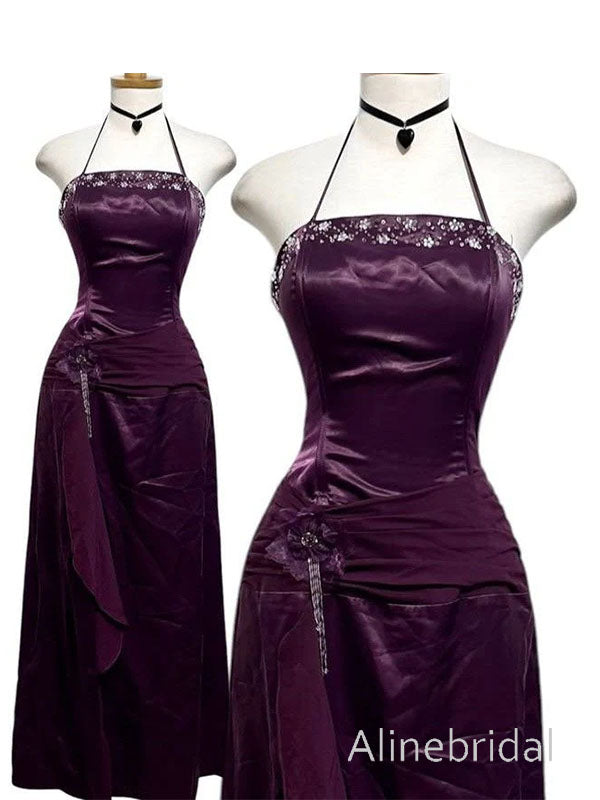 Vintage Purple Beaded Halter A-line Prom Dress, Evening Dress, PD3822998