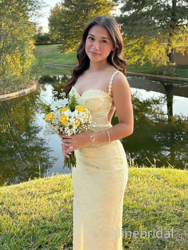 Yellow Floral Lace Mermaid Prom Dress with Open Back, Evening Dress, PD3822996