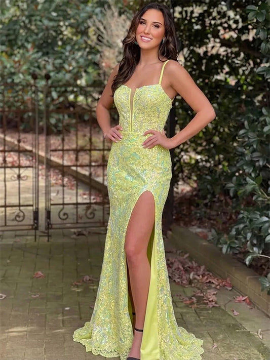 Gorgeous Yellow Lace Applique High Slit Long Mermaid Prom Dress, Evening Dress, PD381939