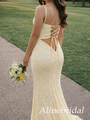 Yellow Floral Lace Mermaid Prom Dress with Open Back, Evening Dress, PD3822996