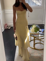 Yellow Chiffon Spaghetti Straps Ruffles Tiered Prom Dress, Party Dress, PD382283